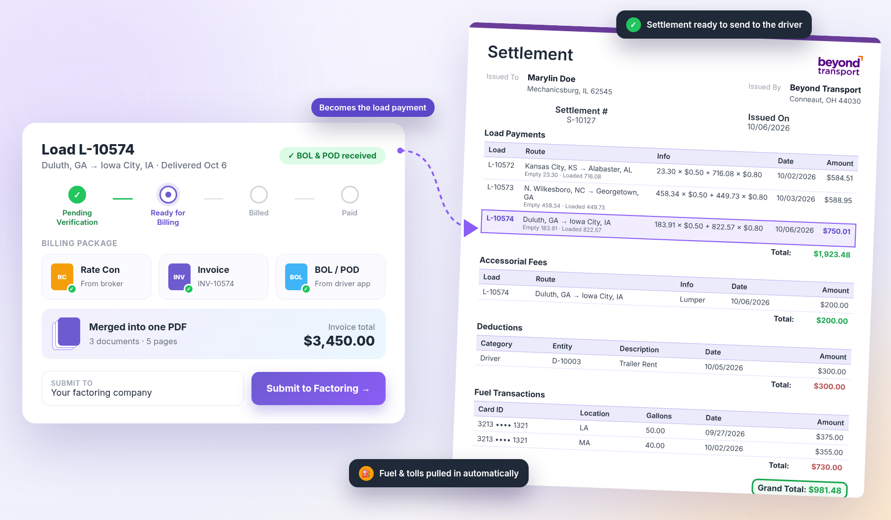 A delivered load with its rate confirmation, invoice and BOL/POD merged into one billing package ready to submit to factoring, and the same load becoming a load payment on the driver settlement