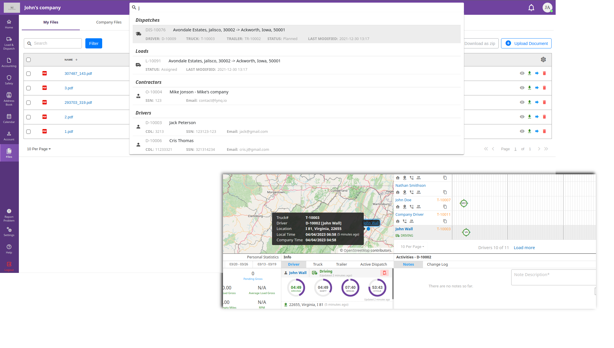 Search results: Loads, Dispatches, Drivers, Trucks, Contractors. ELD GPS Locations, Duty Statuses and Hours of Service Clocks